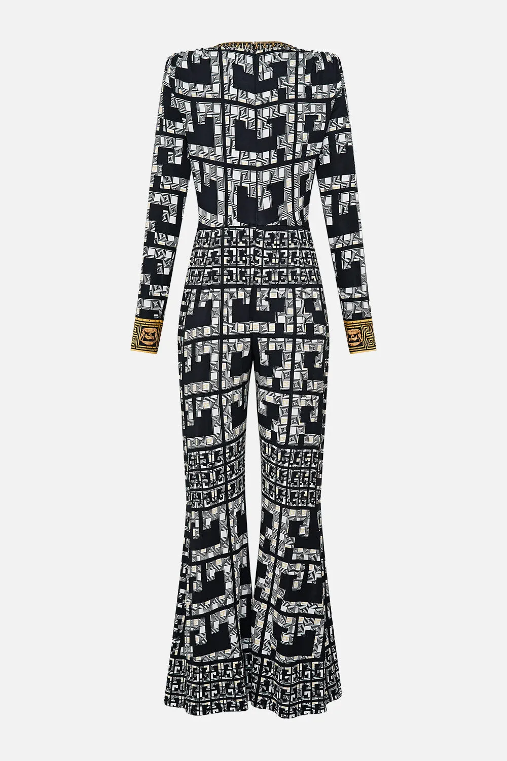 DRAPED V NECK JERSEY FLARED JUMPSUIT READ MY GLYPHS