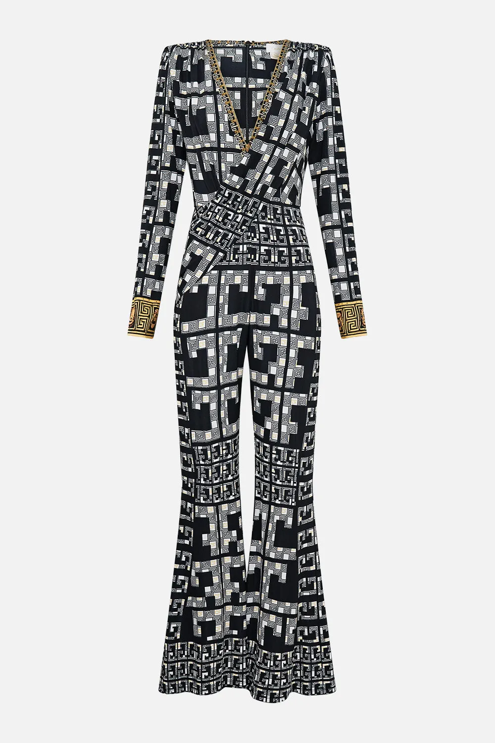 DRAPED V NECK JERSEY FLARED JUMPSUIT READ MY GLYPHS