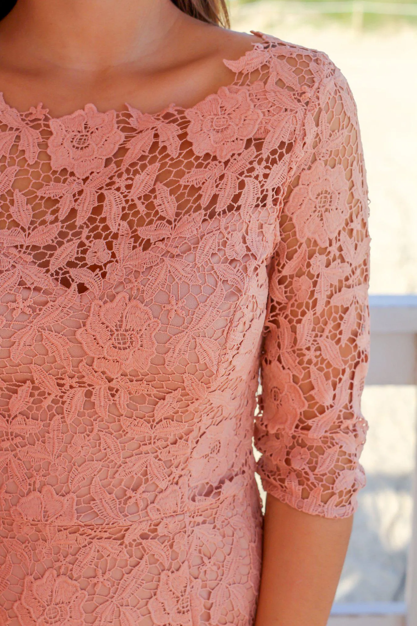 Dusty Blush Crochet Short Dress with 3/4 Sleeves