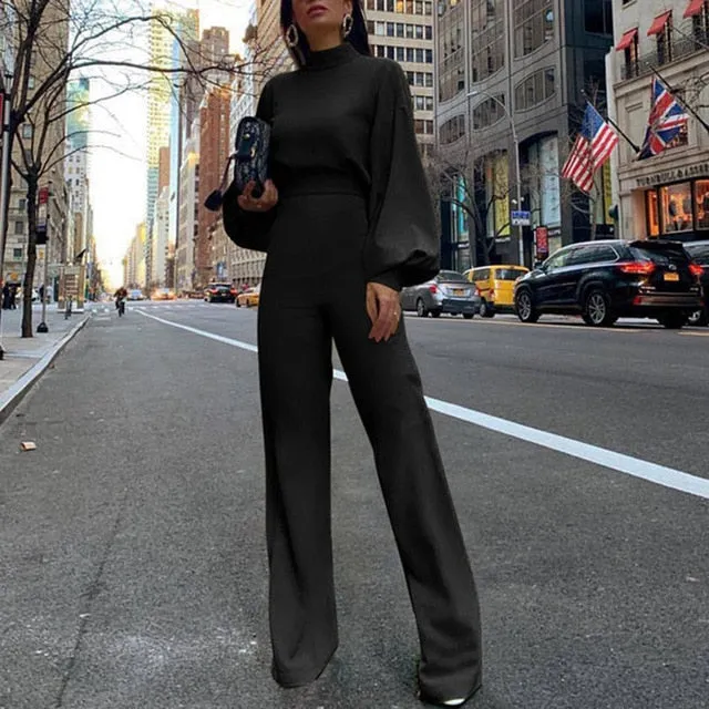 Elegant Long Sleeve Wide Leg Patns Jumpsuit
