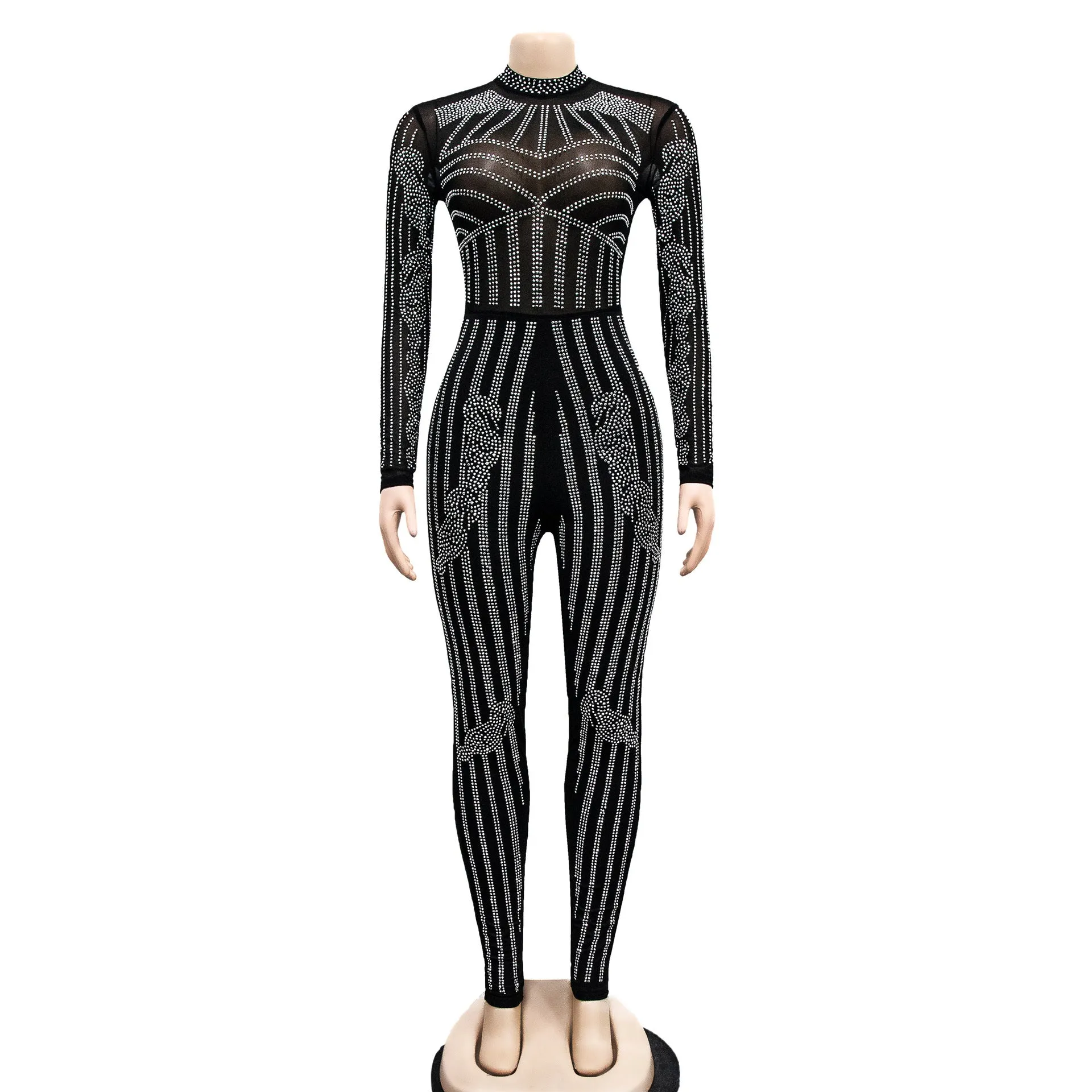 Elegant Monochrome Mesh Embellished Long-Sleeve Sparkly Jumpsuit
