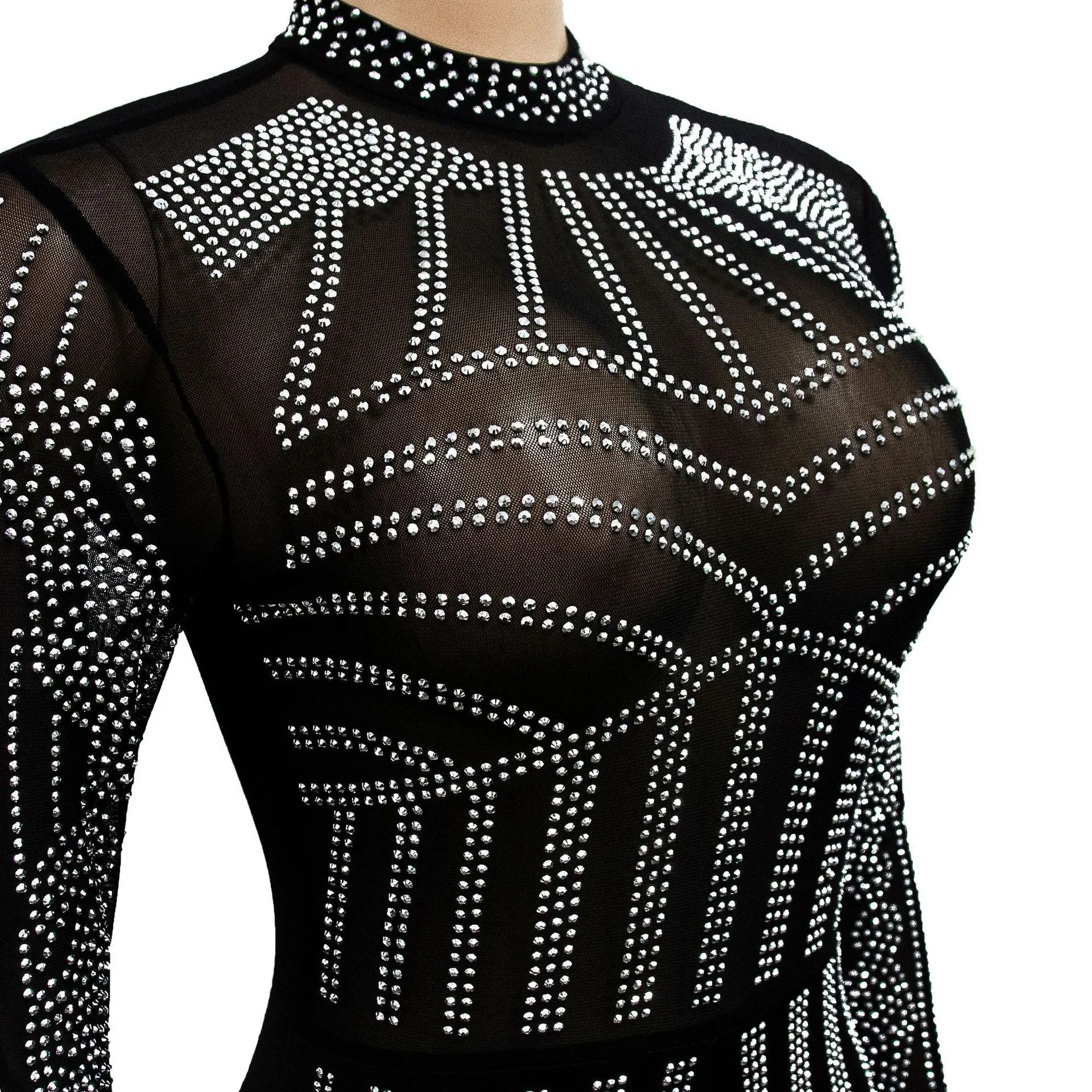 Elegant Monochrome Mesh Embellished Long-Sleeve Sparkly Jumpsuit