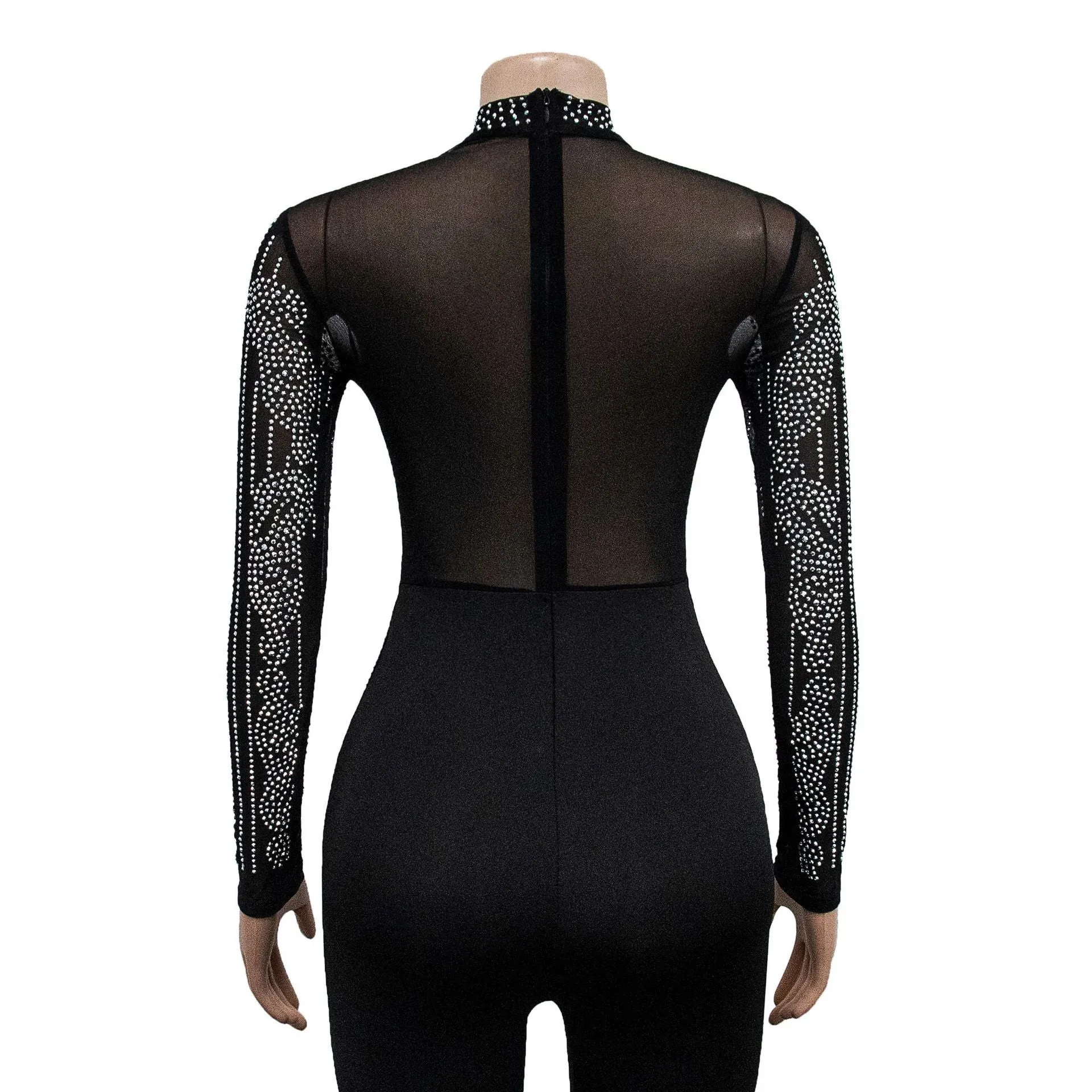 Elegant Monochrome Mesh Embellished Long-Sleeve Sparkly Jumpsuit