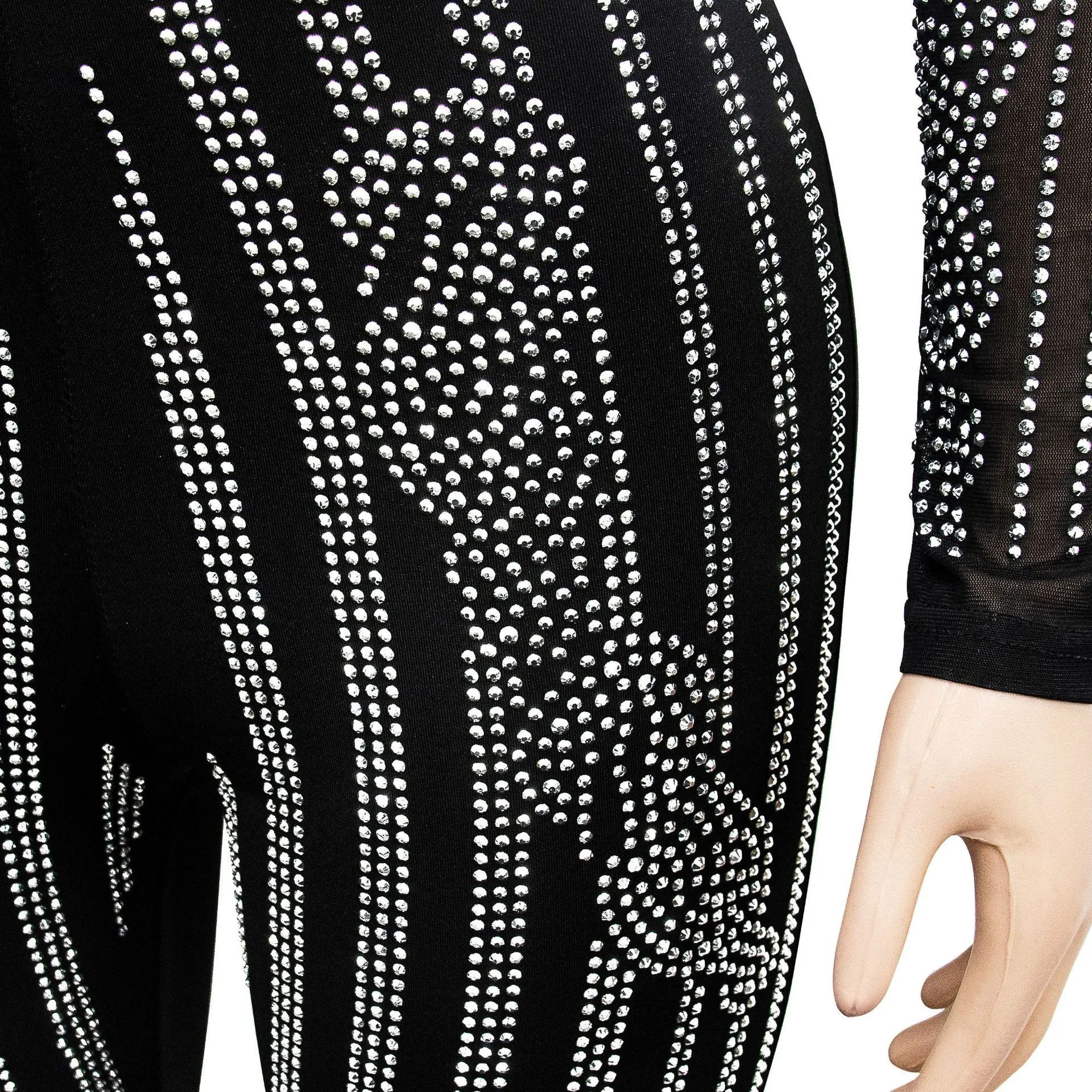 Elegant Monochrome Mesh Embellished Long-Sleeve Sparkly Jumpsuit