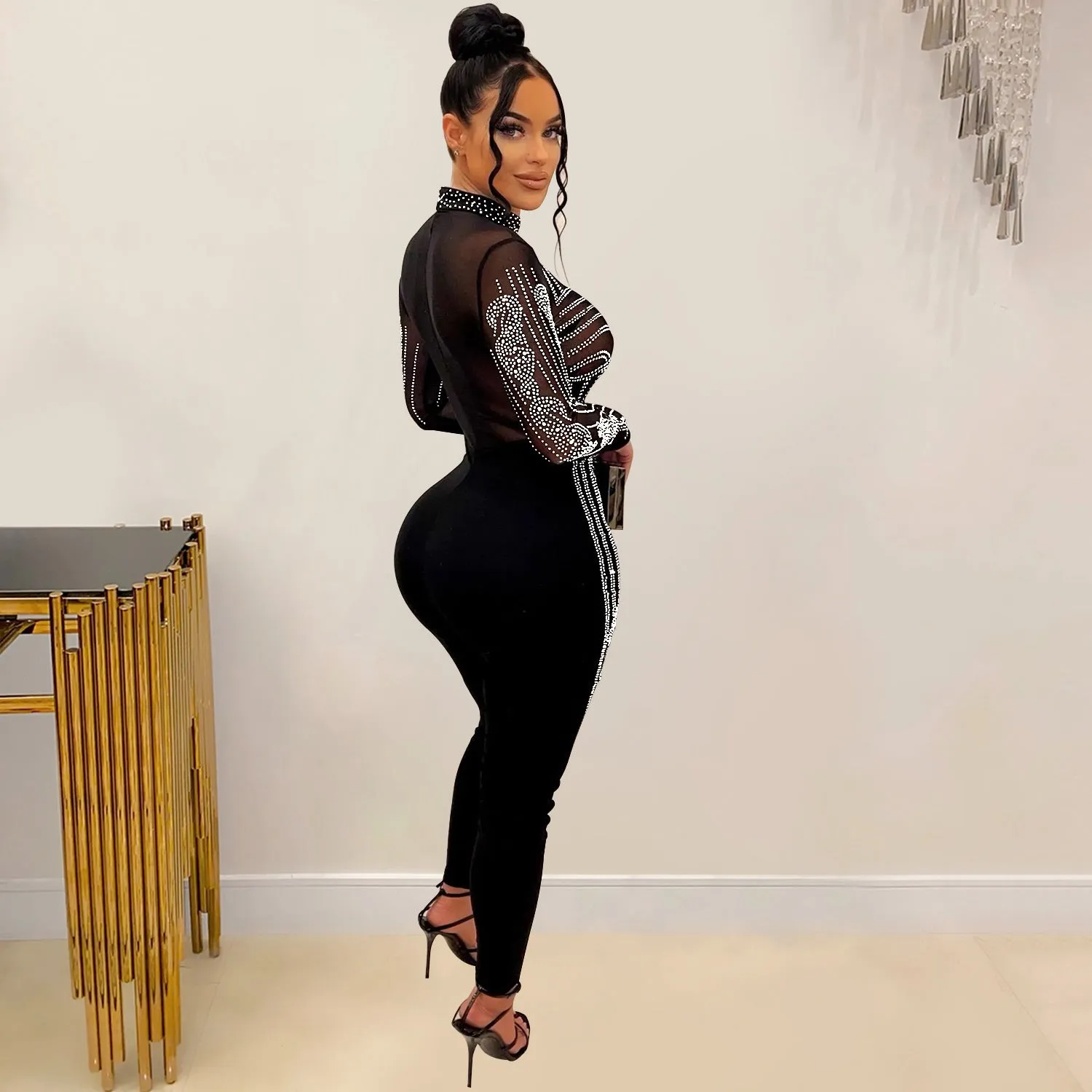 Elegant Monochrome Mesh Embellished Long-Sleeve Sparkly Jumpsuit
