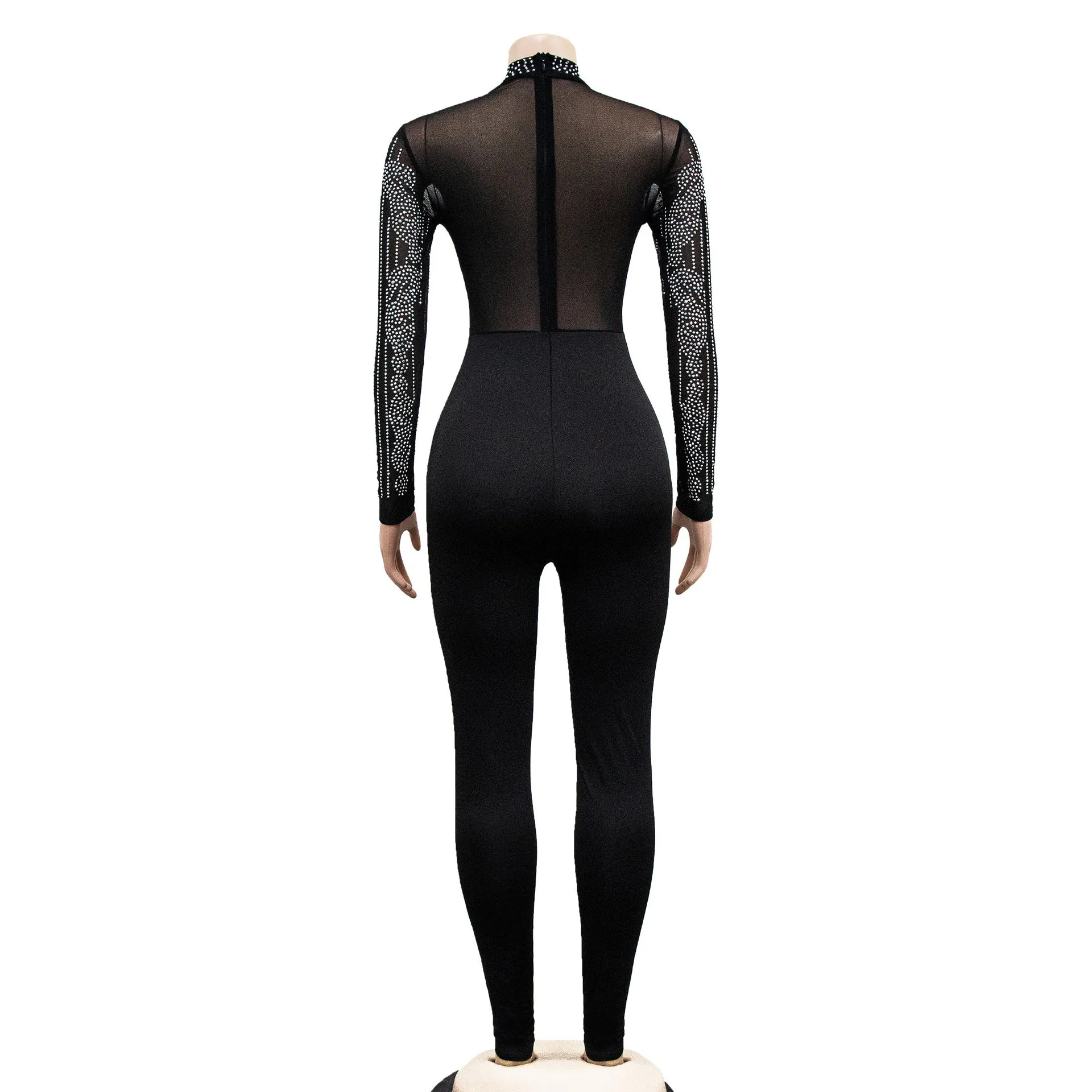 Elegant Monochrome Mesh Embellished Long-Sleeve Sparkly Jumpsuit