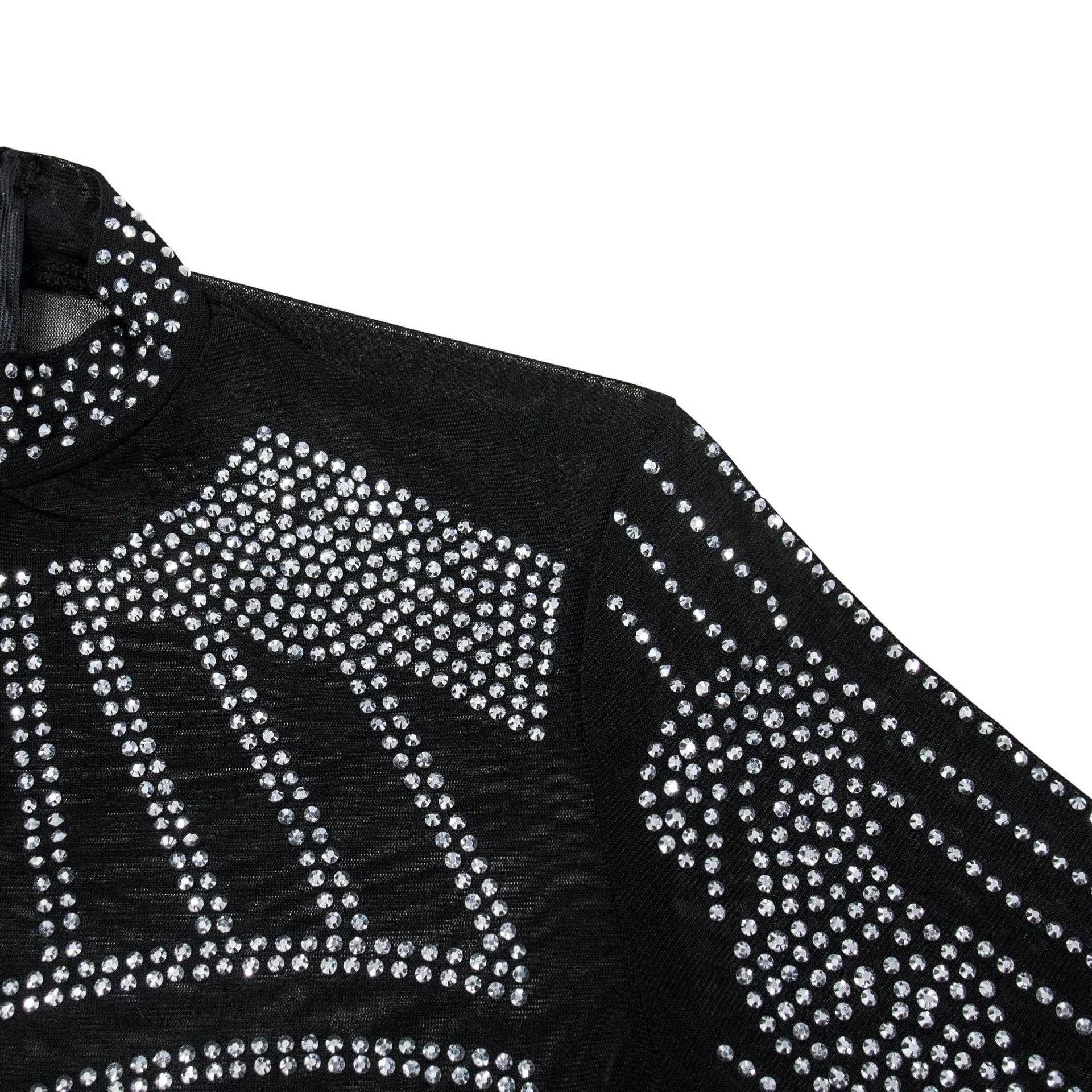 Elegant Monochrome Mesh Embellished Long-Sleeve Sparkly Jumpsuit