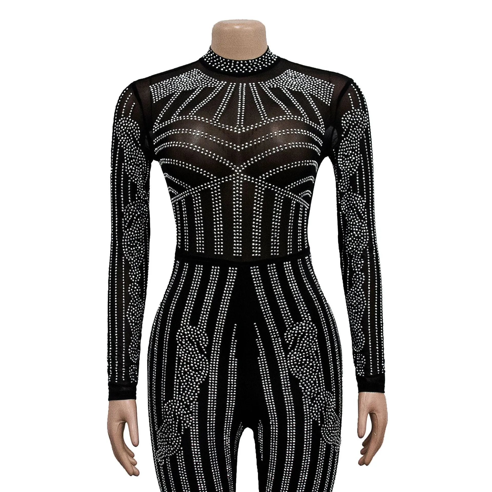 Elegant Monochrome Mesh Embellished Long-Sleeve Sparkly Jumpsuit