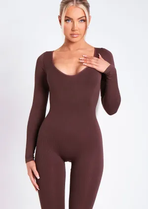 Eli Chocolate Plunge Ribbed Seamless Long Sleeve Jumpsuit