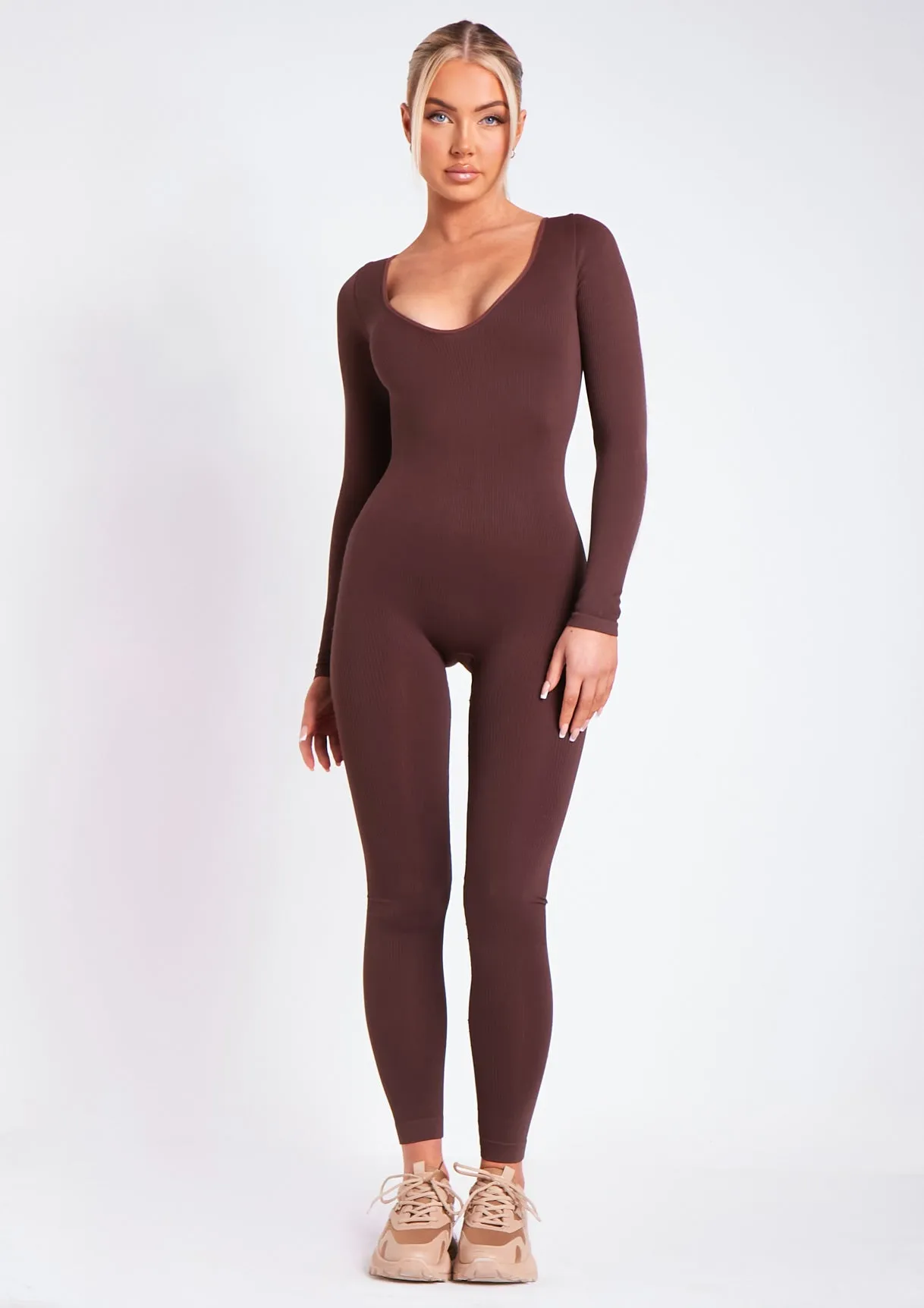 Eli Chocolate Plunge Ribbed Seamless Long Sleeve Jumpsuit