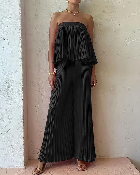 Exclusive Hunter Green Pleated Strapless Wide Leg Jumpsuit