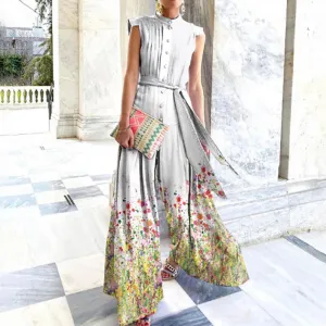 Floral Print Stand Collar Women Wide Leg Belted Patchwork Romper