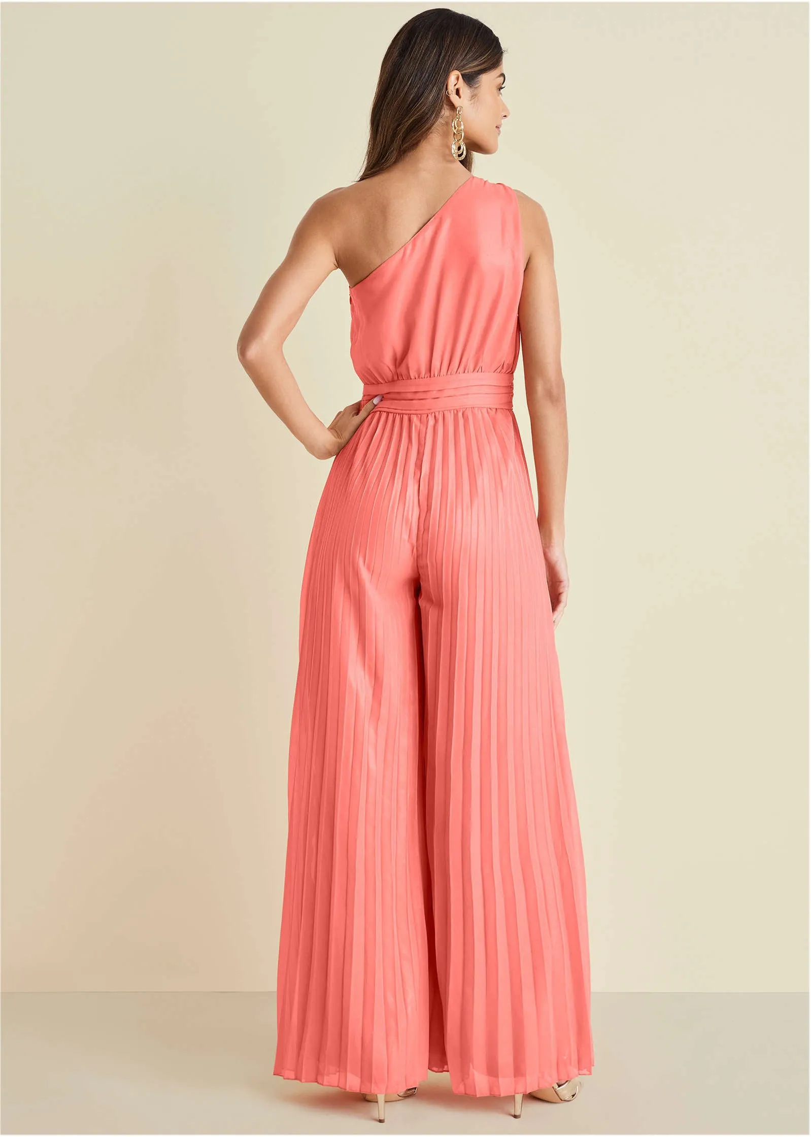 Gold Foil Pleated Jumpsuit - Coral