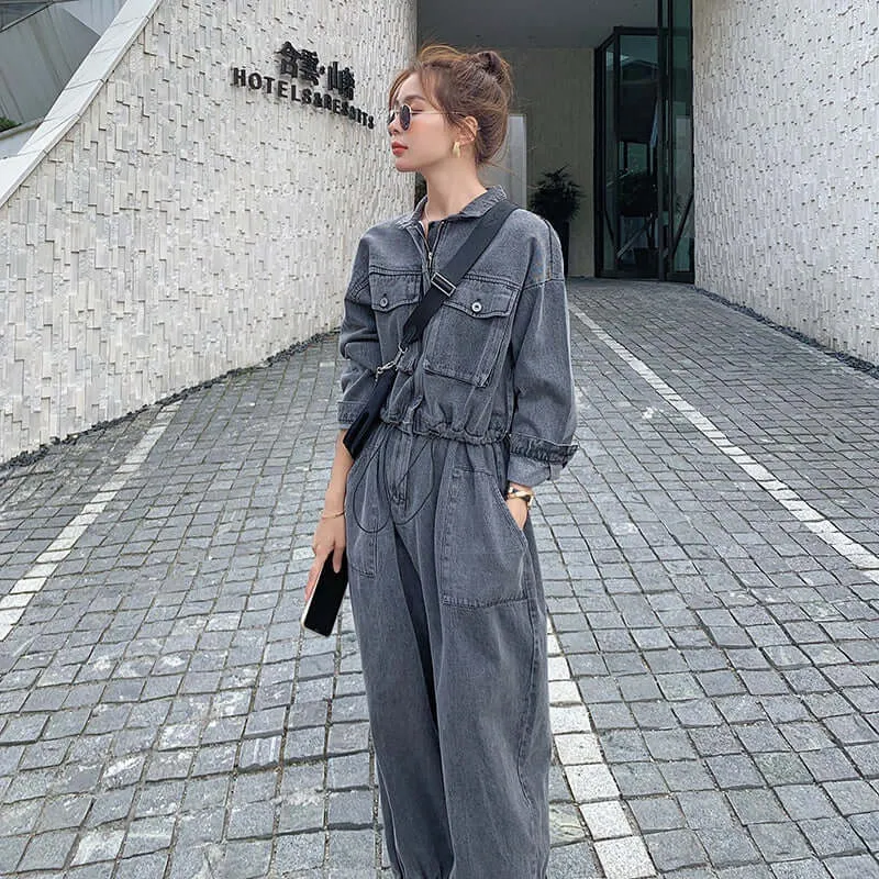 Gray Denim Overalls Jumpsuit with Long Sleeve for Women