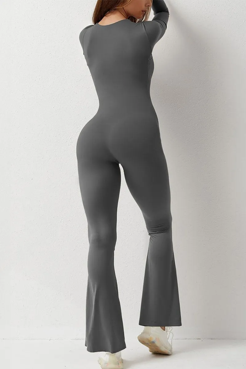 Grey Sports Square Neck Long Sleeve Seamless Shaping Flared Jumpsuit