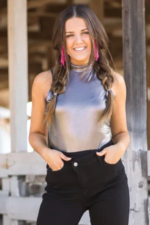 Gunmetal Metallic Mock Neck Bodysuit