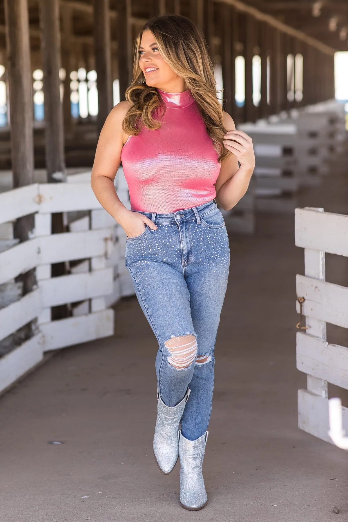 Hot Pink Metallic Mock Neck Bodysuit
