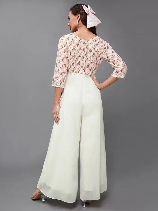 Indo Western Off White & Peach Floral Printed V-Neck Basic Jumpsuit For Women