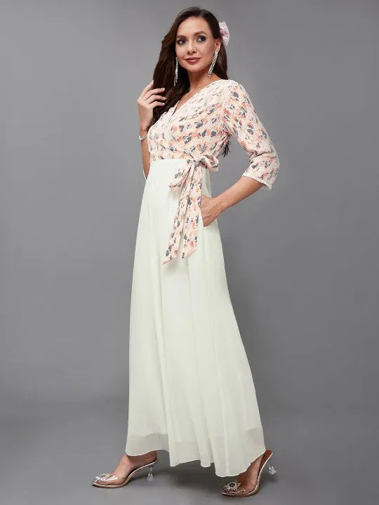 Indo Western Off White & Peach Floral Printed V-Neck Basic Jumpsuit For Women