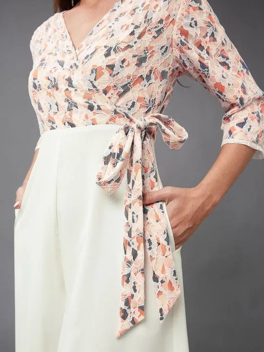 Indo Western Off White & Peach Floral Printed V-Neck Basic Jumpsuit For Women