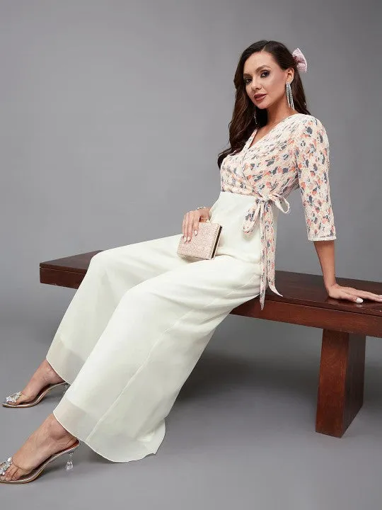 Indo Western Off White & Peach Floral Printed V-Neck Basic Jumpsuit For Women