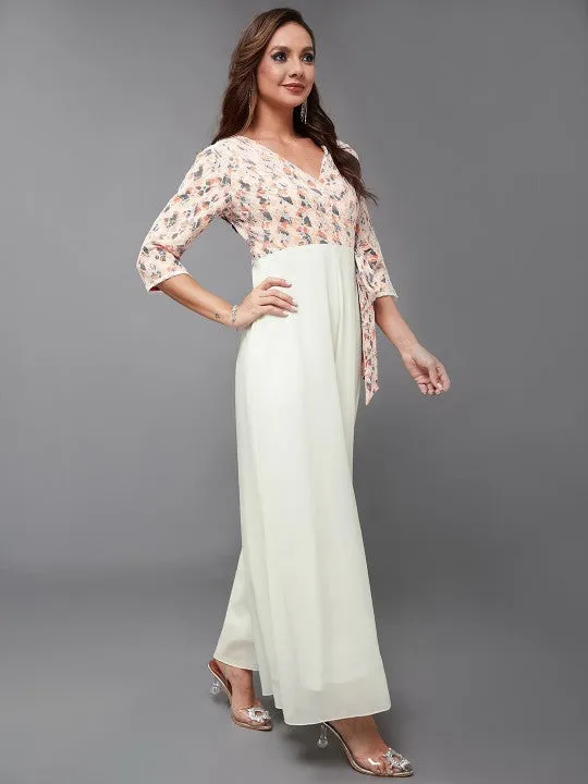 Indo Western Off White & Peach Floral Printed V-Neck Basic Jumpsuit For Women