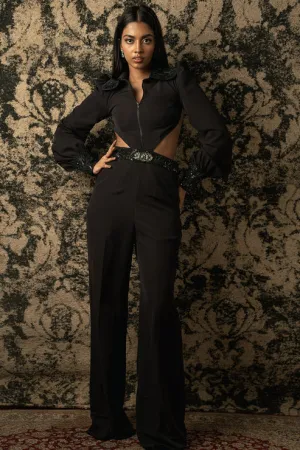 Italian Suiting Embroidered Collar Jumpsuit