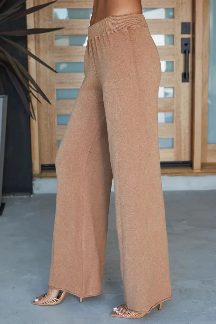 Italian Viscose Knit Cozy Flared Pant by Milio Milano in Camel