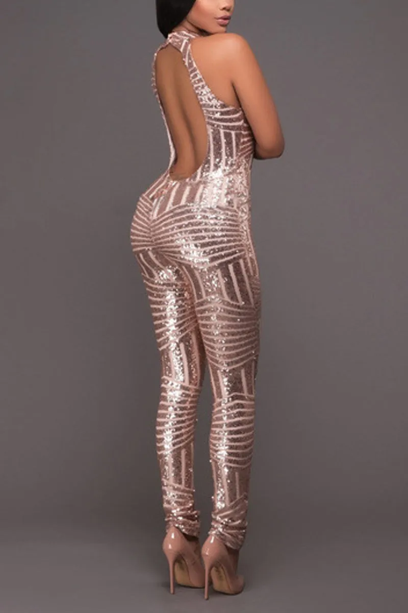 JD656 Bodycon Sequin Halter Sleeveless Backless Pencil Jumpsuit
