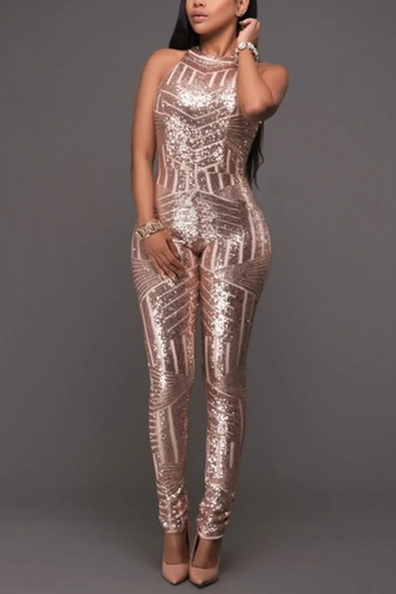 JD656 Bodycon Sequin Halter Sleeveless Backless Pencil Jumpsuit