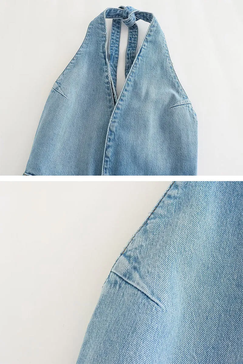 JD833 Plunging Halter Denim Jumpsuit