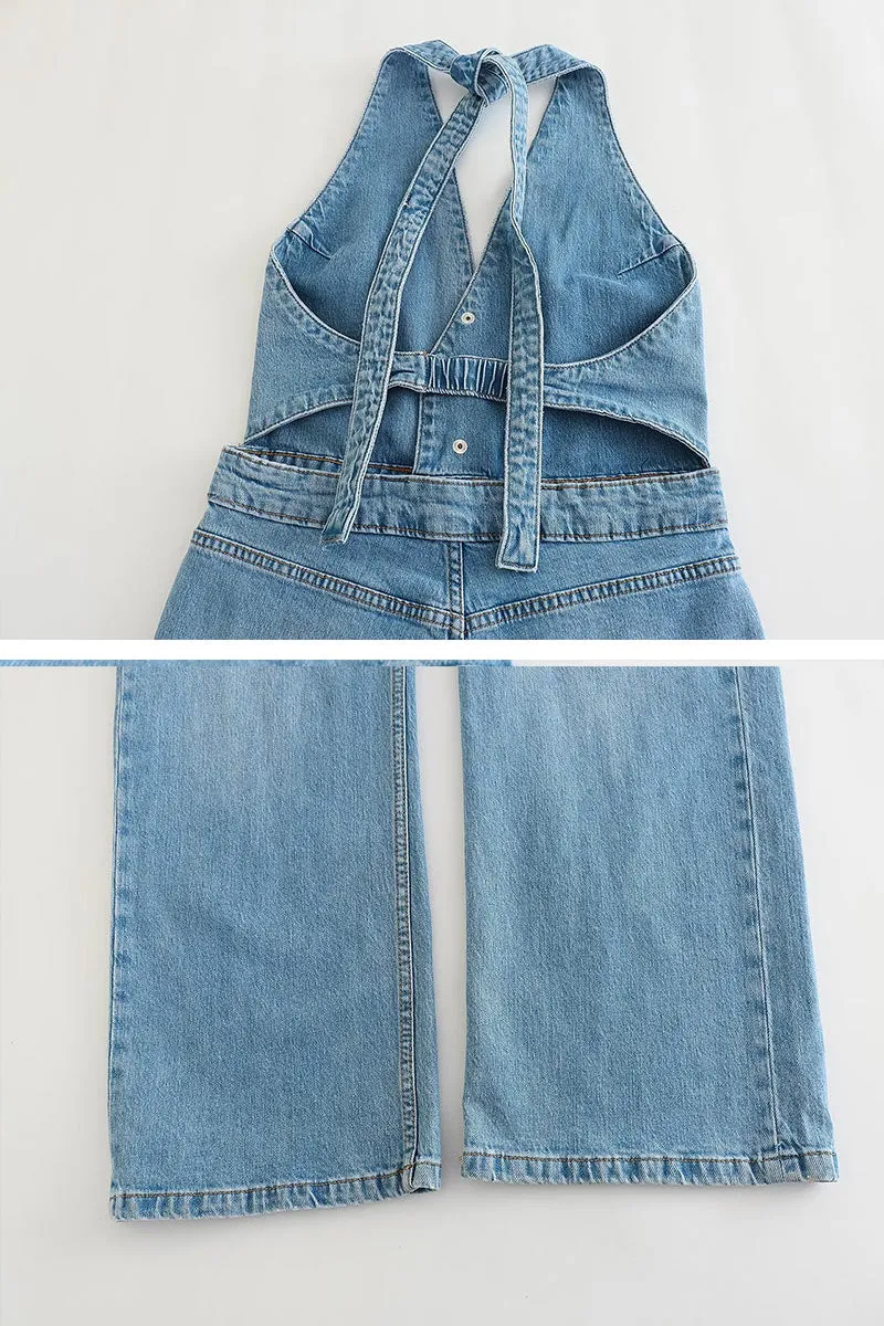 JD833 Plunging Halter Denim Jumpsuit