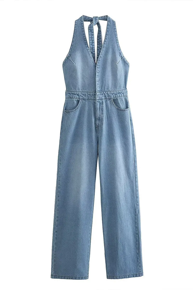 JD833 Plunging Halter Denim Jumpsuit