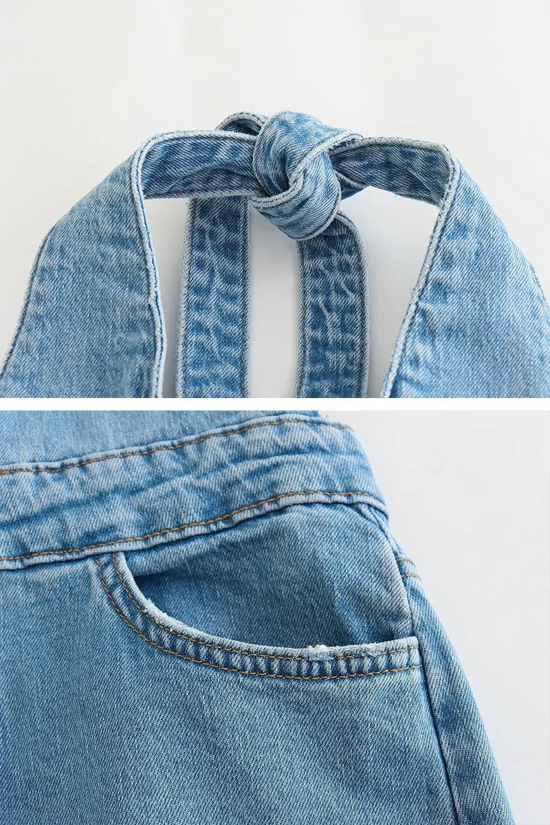 JD833 Plunging Halter Denim Jumpsuit