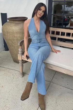 JD833 Plunging Halter Denim Jumpsuit