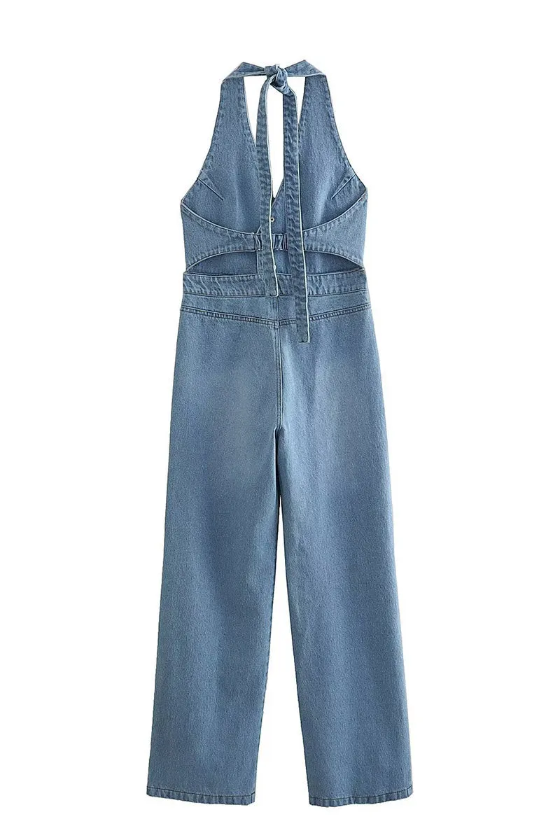 JD833 Plunging Halter Denim Jumpsuit