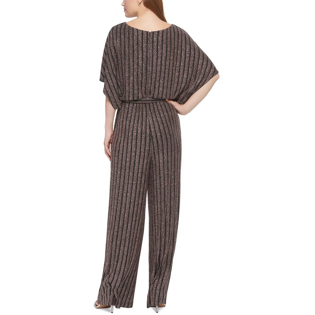 Jessica Howard Womens Petites Knit Glitter Striped Jumpsuit