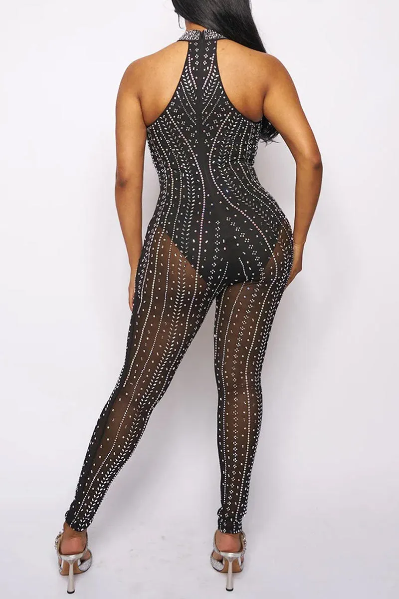 JF705 Halter Rhinestone Sheer Jumpsuit