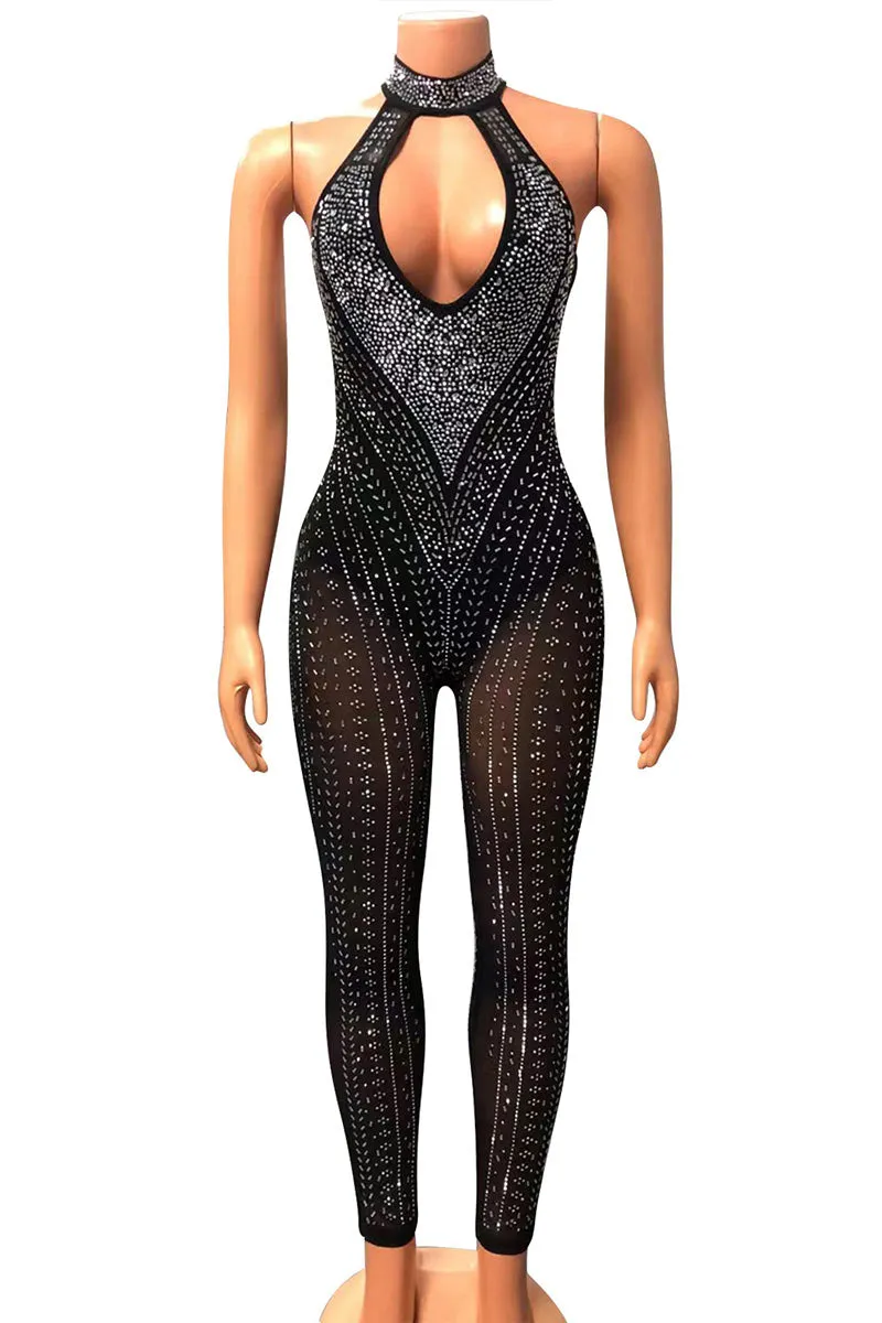 JF705 Halter Rhinestone Sheer Jumpsuit