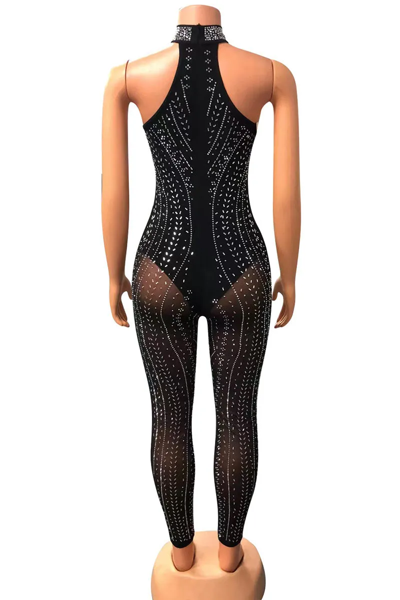 JF705 Halter Rhinestone Sheer Jumpsuit