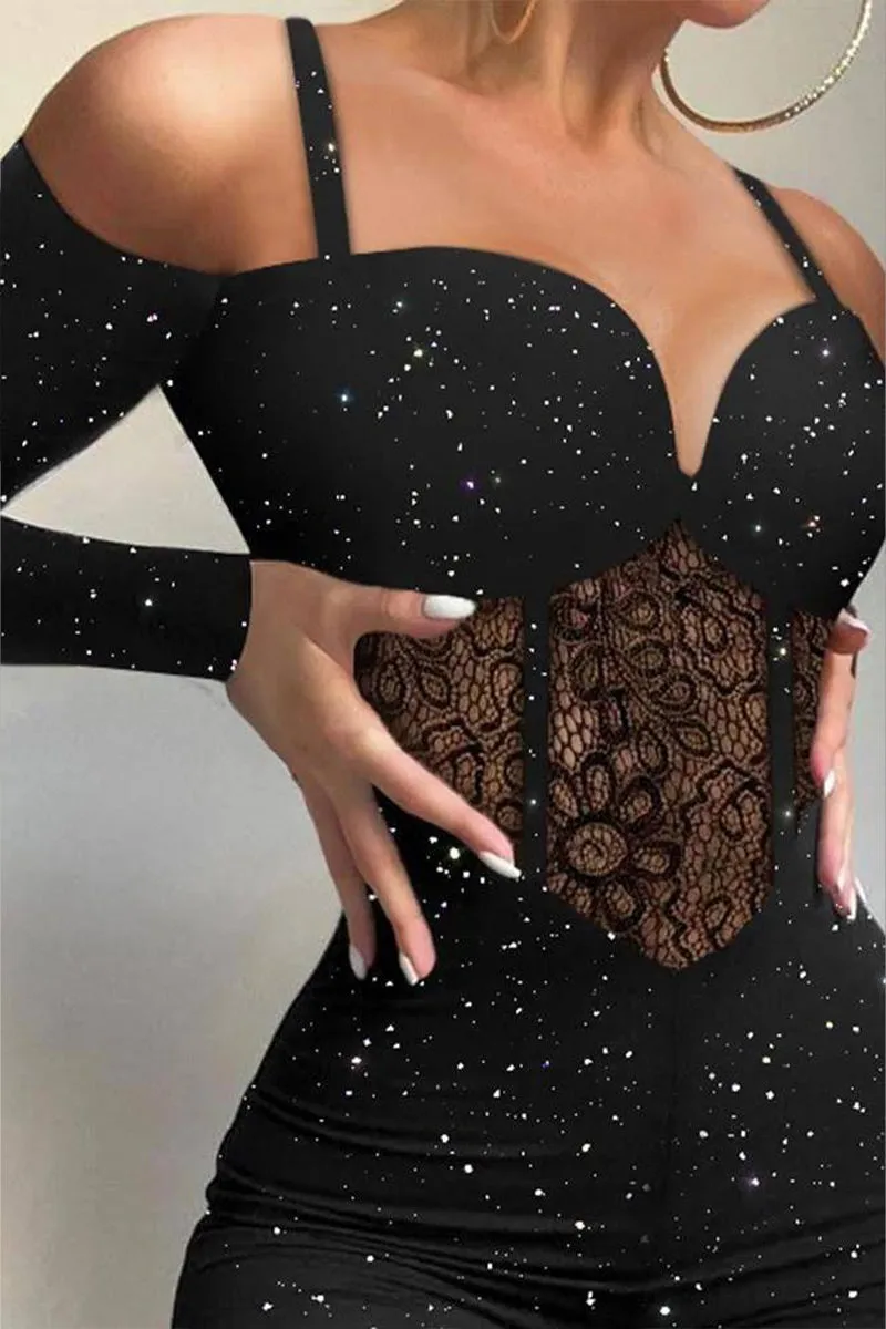 JI634 Shimmer Lace Corset Jumpsuit