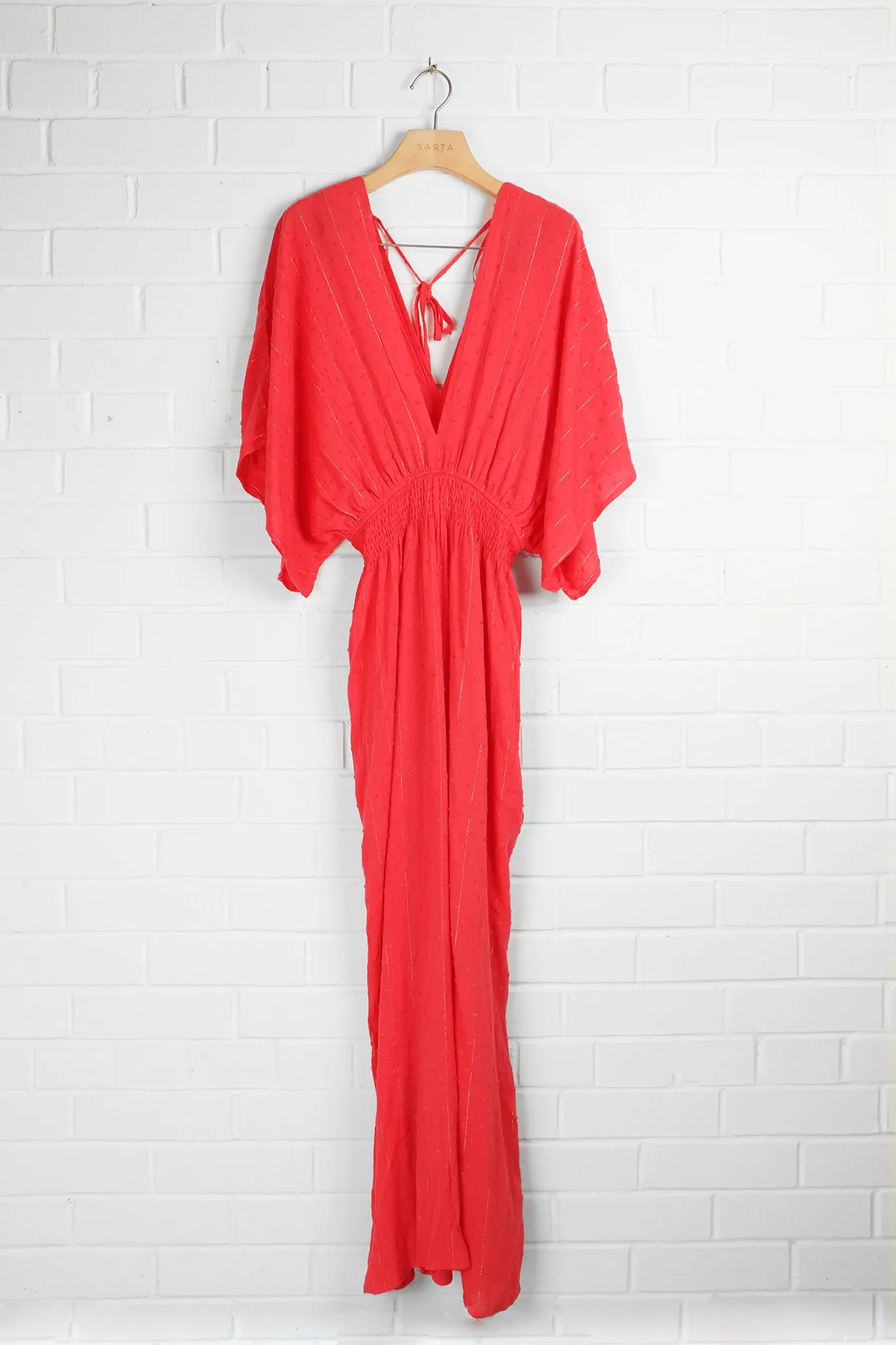Jilly Deep V Jumpsuit - Coral, Dobby Stripe