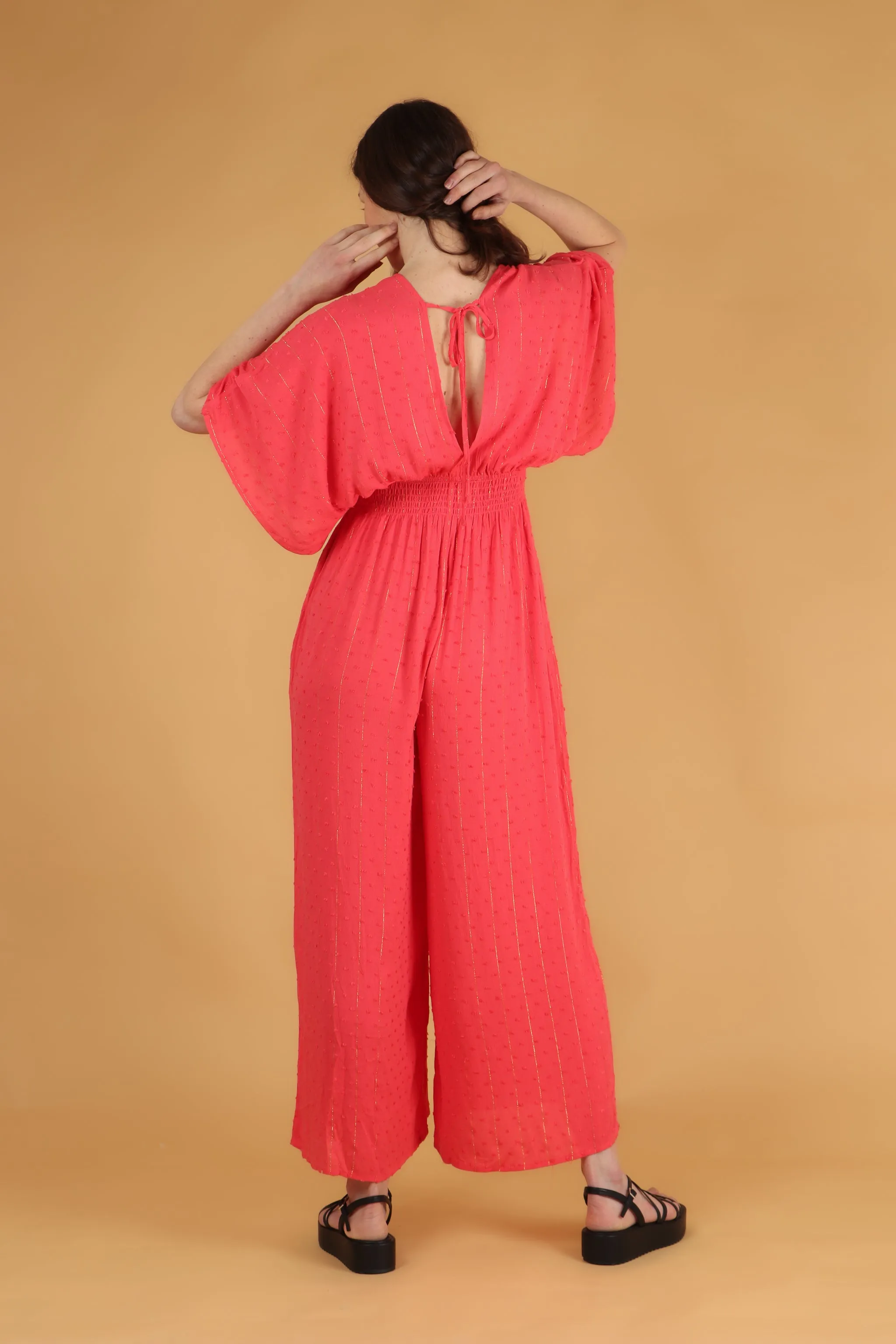 Jilly Deep V Jumpsuit - Coral, Dobby Stripe