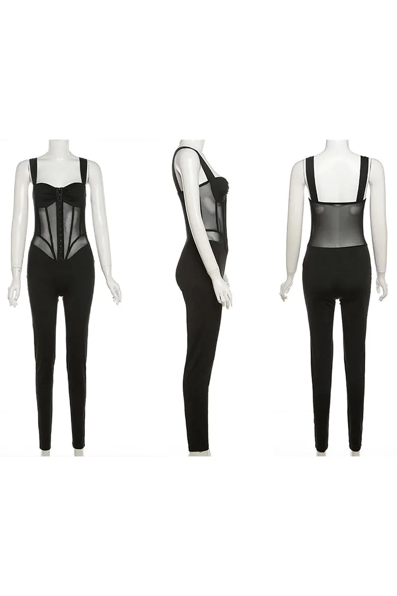 JK638 Straps Low-Cut Mesh Slim Jumpsuit