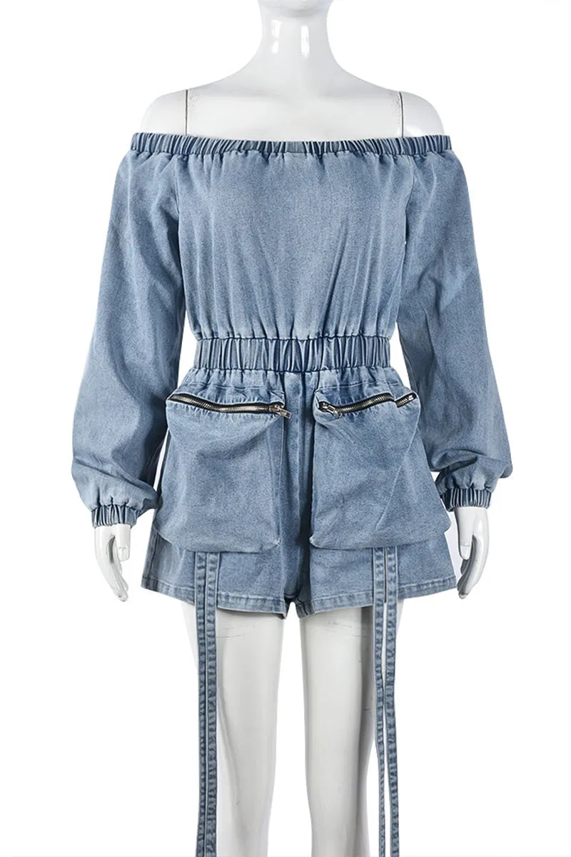 JK702 Denim Pocket Off-Shoulder Long-Sleeve Romper