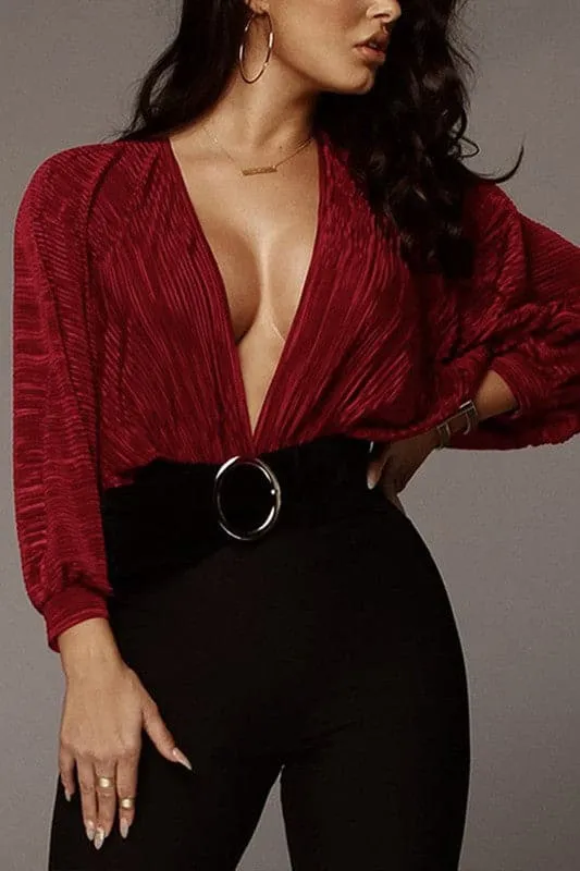 JZ692 V Neck Pleated Loose Jumpsuit