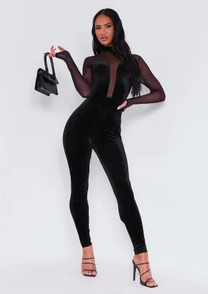 Lacie Black Velour Mesh Detail Jumpsuit