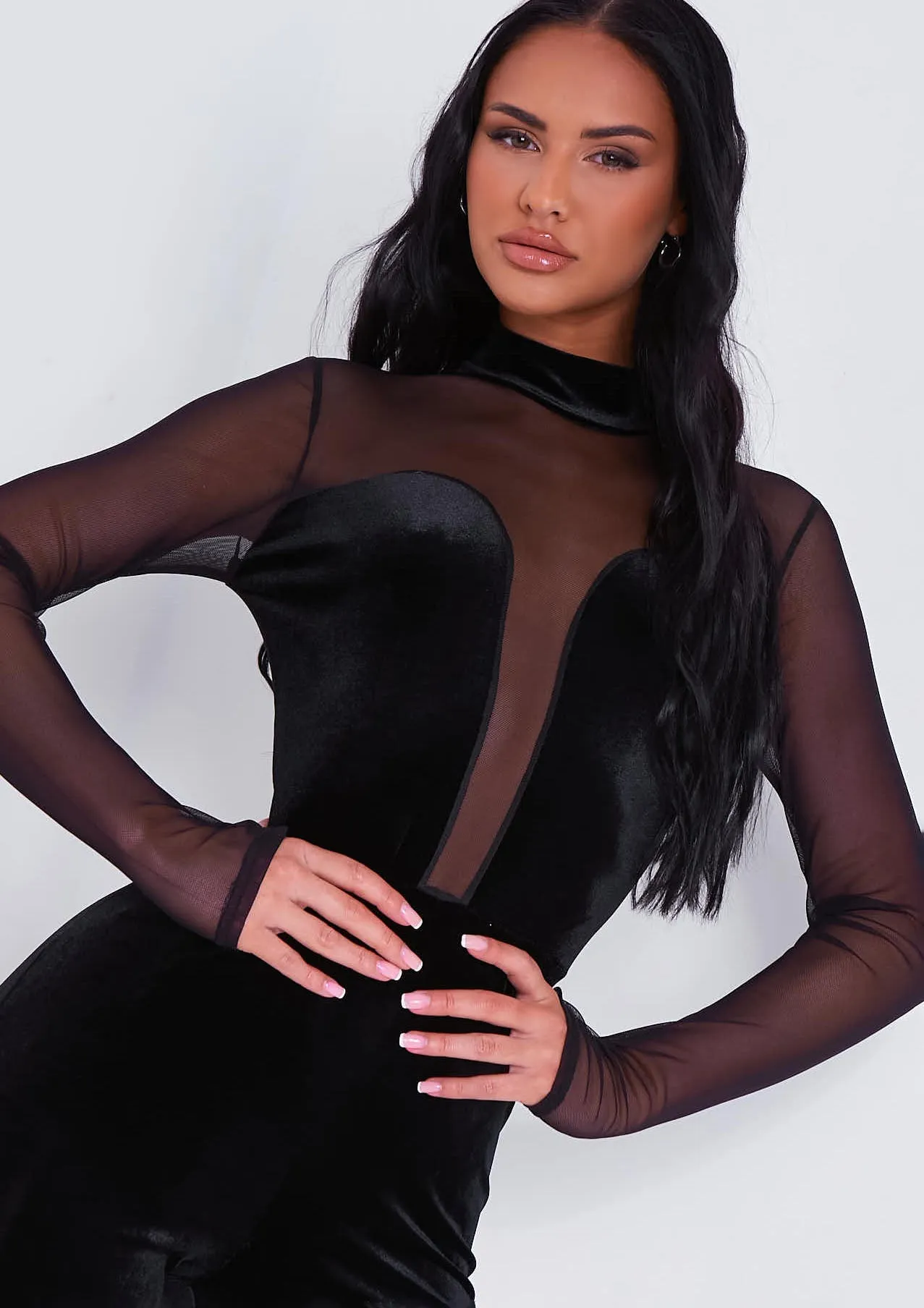 Lacie Black Velour Mesh Detail Jumpsuit