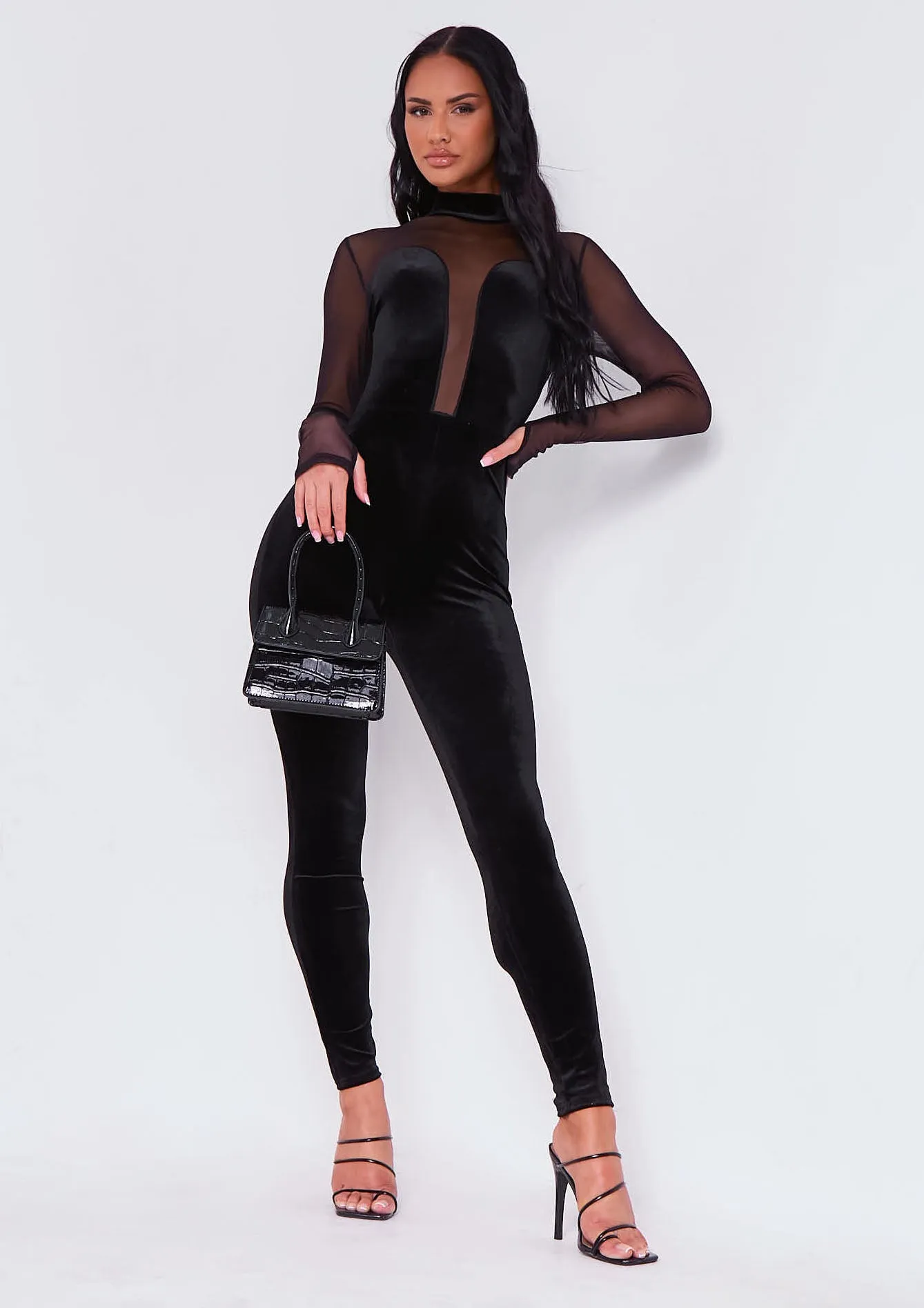 Lacie Black Velour Mesh Detail Jumpsuit
