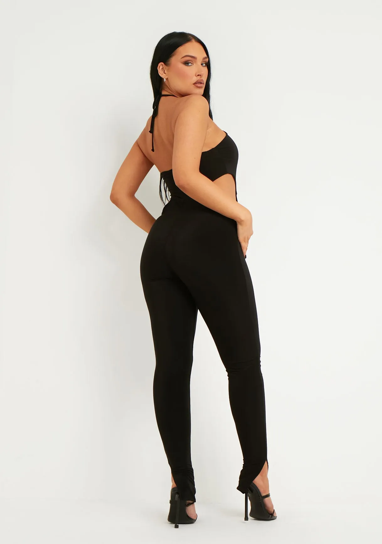 Laurie Black Halter Double Layer Slinky Cut Out Jumpsuit